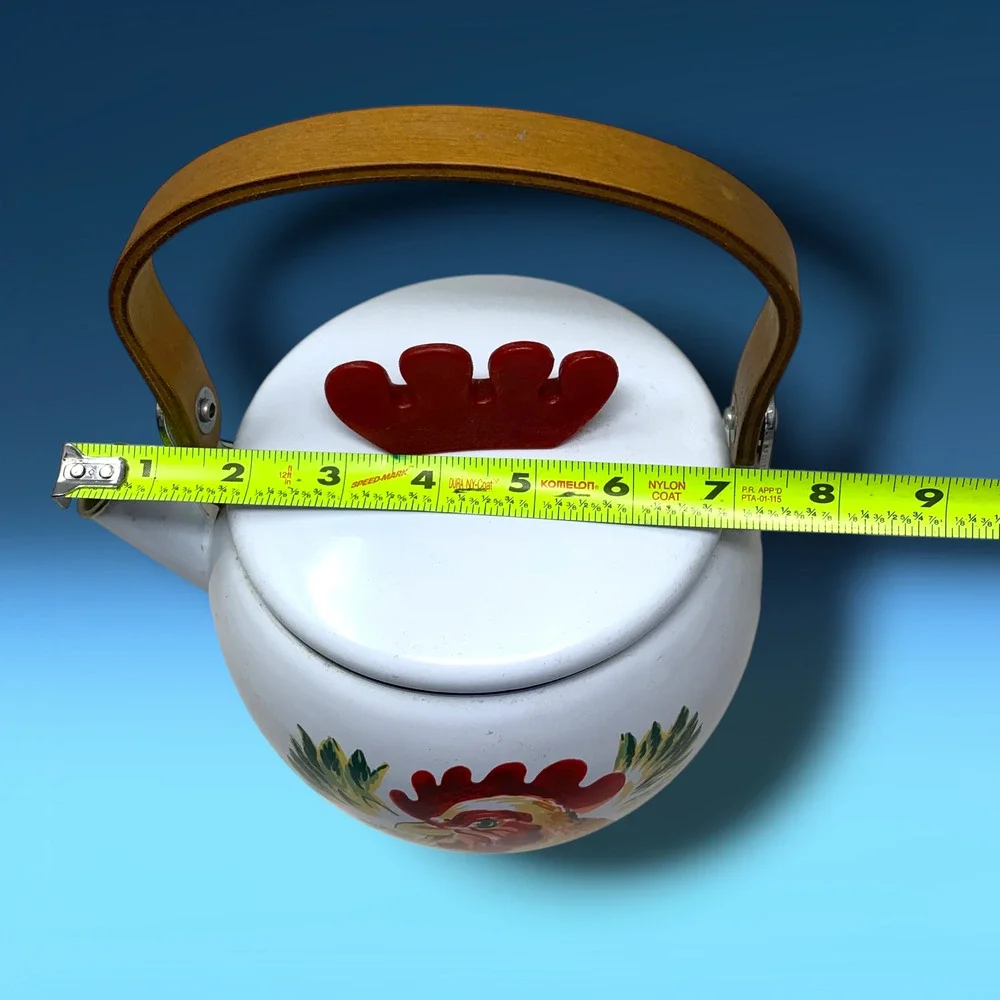 Vintage Rooster Enamel Tea Kettle White Country Farmhouse Wood Handle 8